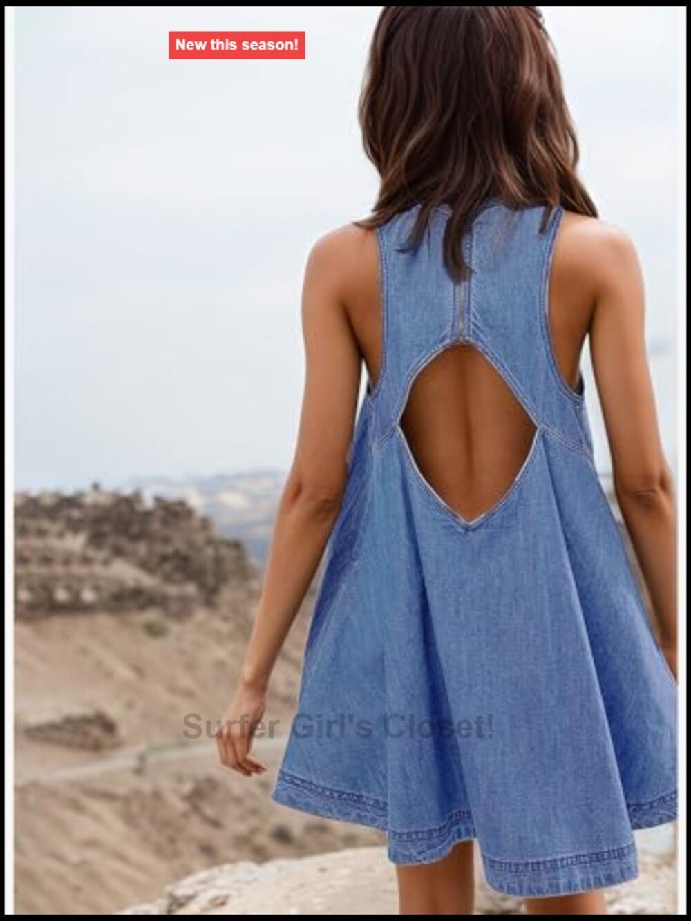 Sleeveless Denim Babydoll Mini Dress Cutout Back A-Line Flowy with Pockets - Picture 4 of 7